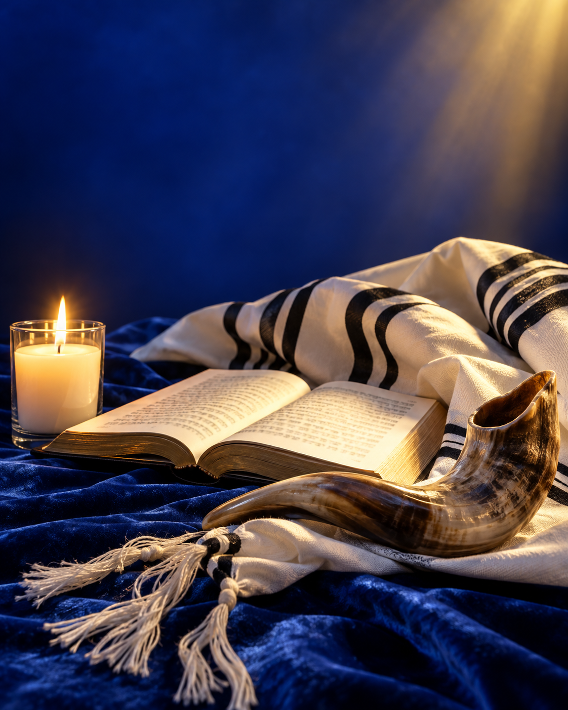 טלית, ספר תפילה, שופר ונר — תמונת המחשה